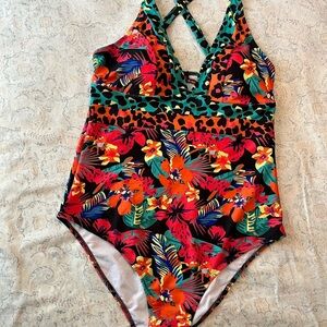 Red and Orange One Piece Swimsuit with‎ Plunging V-Neck